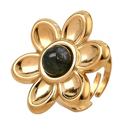 Moss Agate 304 Stainless Steel Cuff Open Rings for Women, Flower, with Natural Moss Agate, Ion Plating(IP), Golden, US Size 7(17.3mm)