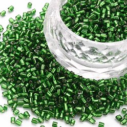 Green Glass Bugle Beads, Silver Lined, Green, 1.8~2.2x1.8~2mm, Hole: 0.8~0.9mm, about 15000pcs/pound