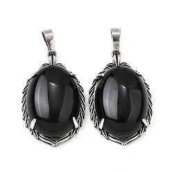Обсидиан Природные подвески обсидиана, латунные овальные подвески, античное серебро, 33.5~34x21x10 мм, отверстие : 8x5 мм