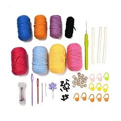 Couleur Mélangete Kit débutant en tricot de fil de méduse style, y compris les fils, Marqueur de point de verrouillage en plastique, crochets, aiguille, enfile-fleur, oeil et entretoise, aiguille en acier, couleur mixte