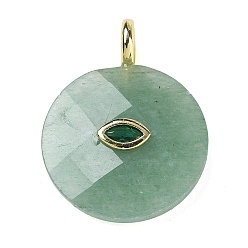 Green Aventurine Natural Green Aventurine Faceted Pendants, Flat Round Charms, with Rack Plating Golden Tone Brass Micro Pave Cubic Zirconia Findings, Horse Eye, 32.5~33x25~25.5x7~7.5mm, Hole: 4mm