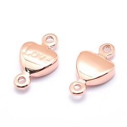 Real Rose Gold Plated Brass Links Connectors, Cadmium Free & Nickel Free & Lead Free, Heart with Word Love, For Valentine's Day, Real Rose Gold Plated, 10x5.5x2mm, Hole: 1mm