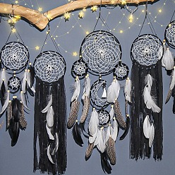 Black 5Pcs 5 Style Indian Style Macrame Wall Hanging, Iron Woven Web/Net with Feather Pendant Decorations, Black, 540~820mm, 1pc/style