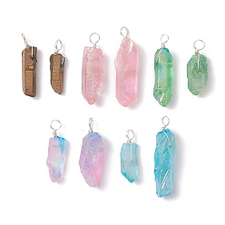 Silver Electroplated Natural Quartz Crystal Pendants, Nuggets Charms with Eco-Friendly Copper Wire, Dyed, Silver, 25~38x7~10x4.5~8mm, Hole: 3.5~4.5mm