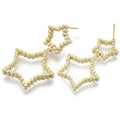 Real 18K Gold Plated Brass Dangle Stud Earring, with Stainless Steel Pins, Nickel Free, Star, Real 18K Gold Plated, 39x24mm, Pin: 0.7mm
