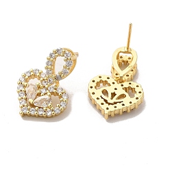 Clear Cubic Zirconia Heart Stud Earrings, Rack Plating Real 18K Gold Plated Brass Jewelry for Women, Cadmium Free & Lead Free, Clear, 13x14.5mm, Pin: 1mm