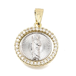 Platinum & Golden Religion Brass Micro Pave Clear Cubic Zirconia Pendants, Flat Round with St. Jude Charms, Rack Plating, Long-Lasting Plated, Cadmium Free & Lead Free, Platinum & Golden, 22.5~23x20.5~21x3mm, Hole: 7.5~8.5x5~5.5mm