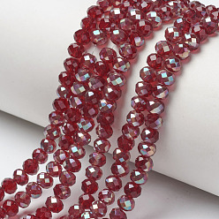 Dark Red Electroplate Glass Beads Strands, Half Plated, Rainbow Plated, Faceted, Rondelle, Dark Red, 3x2mm, Hole: 0.8mm, about 150~155pcs/strand, 15~16 inch(38~40cm)