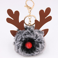 Gray Christmas Deer Antler Pom-Pom Keychain with Plush Elk Charm for Women's Handbag Gift