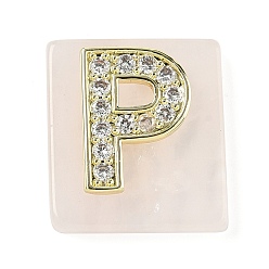 Letter P Природного розового кварца подвески, прямоугольные подвески с латунной микропаве прозрачной кубической циркониевой буквой, реальный 18 k позолоченный, долговечный, стойки покрытие, Письмо P, 21x18x5 мм, отверстие : 1.4 мм
