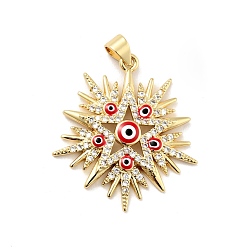 Red Rack Plating Brass Micro Pave Clear Cubic Zirconia Pendants, with Enamel, Cadmium Free & Lead Free, Star with Evil Eye, Real 18K Gold Plated, Red, 29x26x3.8mm, Hole: 3x3.5mm