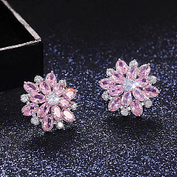 Pink Brass Micro Pave Cubic Zirconia Stud Earrings, Flower, Pink, 20mm