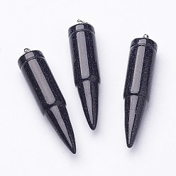 Blue Goldstone Synthetic Blue Goldstone Pointed Pendants, with 201 Stainless Steel Split Rings, Bullet, Stainless Steel Color, 42~46x10mm, Hole: 5mm