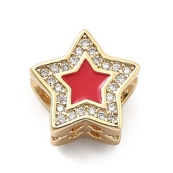 Красный Стойка покрытие латунь с кубическим цирконием европейские бусины и эмаль, звезда, бусины с большим отверстием, долговечный, без свинца и без кадмия, красные, 12x12x8 мм, отверстие : 4.5 мм