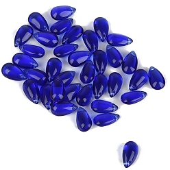 Bleu Moyen  5pcs perles de verre tchèques transparentes, top foré, larme, bleu moyen, 14x8mm, Trou: 1mm