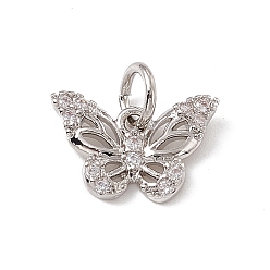 Platinum Brass Micro Pave Cubic Zirconia Charms, with Jump Rings, Butterfly Charms, Platinum, 8x12x2mm, Hole: 3.4mm