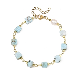 Golden Natural Larimar Square Beaded Chain Bracelets for Women, with Rice Natural Pearl Beads, Golden, 7.60 inch(19.3cm)