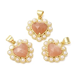 Sunstone Natural Sunstone Pendants, Faceted Heart Charms, with Ion Plating(IP) Brass Findings and Plastic Beads, Real 14K Gold Plated, 18~18.5x17.5~18x5.5~6.8mm, Hole: 4.5x3.5mm