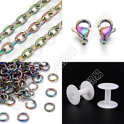 Rainbow Color DIY Chain Jewelry Set Making Kit, Including Rainbow Color Ion Plating(IP) 304 Stainless Steel 5M Cable Chains & 10Pcs Clasps & 20Pcs Jump Rings, 1Pc Plastic Spool, Rainbow Color, Cable Chains: 8x6x1.5mm