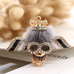 Black Skull with Crown & Wing Pendant Keychain, Alloy Rhinestone & Enamel & Wool Keychain with Lobster Claw Clasp, Black, 50x75mm