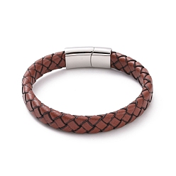 Stainless Steel Color Sienna Leather Braided Cord Bracelet with 304 Stainless Steel Magnetic Clasps, Punk Wristband for Men Women, Stainless Steel Color, 8-5/8 inch(22cm)
