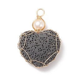 Black Natural Lava Rock Pendants, for Perfume Essential Oil Charm, with Golden Tone Copper Wire and Natural Cultured Freshwater Pearl, Heart, Black, 34~36x23.5~25x9~10mm, Hole: 3.5~4mm