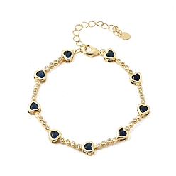 Полуночно-синий Браслеты-цепочки из латуни в форме сердца с микропаве из кубического циркония для женщин, стойки покрытие, долговечный, реальный 18 k позолоченный, темно-синий, 7.32 дюйм (18.6 см)