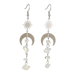 Opalite Opalite Chips Tassel Dangle Earrings, Brass Sun & 201 Stainless Steel Moon Long Drop Earrings, 80~85x20mm