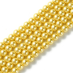 Or Perles de verre de qualité A, nacré, ronde, or, 6mm, Trou: 0.7~1mm, Environ 68 pcs/chapelet, 16'' (40.64 cm)