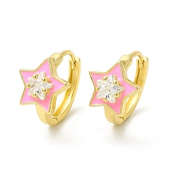 Pink Enamel Star Hoop Earrings with Clear Cubic Zirconia, Real 18K Gold Plated Brass Jewelry for Women, Cadmium Free & Nickel Free & Lead Free, Pink, 15.5x17.5x2.5mm, Pin: 1mm