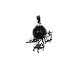 Black Stone Natural Black Stone Pendants, Antique Silver Plated Alloy Angel Charms, 36x28mm