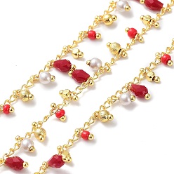 Red Handmade Brass Curb Chains, with Glass Charms, Real 18K Gold Plated, Soldered, with Spool, Red, 3mm