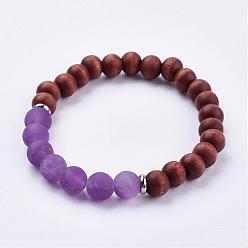 Аметист Матовые натуральные аметистовые браслеты, с деревянными и 304 результатами из нержавеющей стали, Упаковка мешковины, 2 дюйм (52 мм)