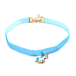 Blue Cute Pink Ribbon Pony Necklace - Fashionable Animal Lock Collar for Women.