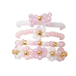 Pink 4Pcs 4 Style Glass Seed Beaded Stretch Finger Rings, Flower & Bowknot Stackable Rings, Pink, Inner Diameter: 19mm