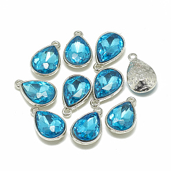 Deep Sky Blue Alloy Glass Charms, Faceted, teardrop, Platinum, Deep Sky Blue, 14.5x9x5mm, Hole: 1.5mm
