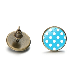 Deep Sky Blue Alloy Stud Earrings with Ear Nuts, Glass Flat Round Polka Dot Ear Studs for Women, Deep Sky Blue, 12mm