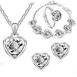 Clear Glass Heart Jewelry Set, Platinum Alloy Pendant Necklace & Chain Bracelet & Stud Earrings & Adjustable Ring, Clear, 450mm, 11x12mm, Inner Diameter: 17mm, 230mm