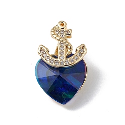 Blue Real 18K Gold Plated Rack Plating Brass Micro Pave Clear Cubic Zirconia Pendants, with Glass, Long-Lasting Plated, Cadmium Free & Lead Free, Boat Anchor & Heart Charm, Blue, 20x12x9mm, Hole: 6x2.5mm