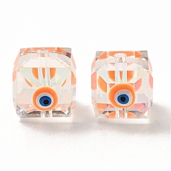 Оранжевый Прозрачные стеклянные бусины, с эмалью, граненые, куб с рисунком от сглаза, оранжевые, 10~11x9x10 мм, отверстие : 1.6 мм