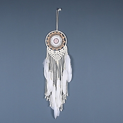 Navajo White Iron Bohemian Woven Web/Net with Feather Macrame Wall Hanging Decorations, for Home Bedroom Decorations, Navajo White, 590mm