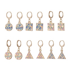 Mixed Color 6 Pairs 6 Styles Square & Triangle & Flat Round Alloy Enamel Dangle Leverback Earrings, Golden 304 Stainless Steel Jewelry for Women, Mixed Color, 29~31mm, Pin: 0.8x1mm, 1 Pair/style