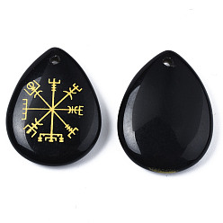 Black Stone Natural Black Stone Pendants, Teardrop with Nordic Pagan Pattern, 32~33.5x25~26x6.5~7.5mm, Hole: 2mm, 6pcs/bag