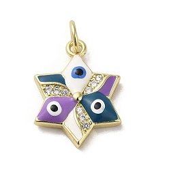 Medium Purple Brass Micro Pave Cubic Zirconia Pendants, with Enamel, with Jump Ring, Real 18K Gold Plated, Star with Evil Eye, Medium Purple, 17.5x13x3.4mm, Hole: 3.2mm