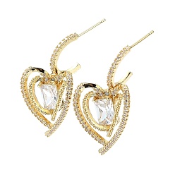 Golden Heart Brass Micro Pave Cubic Zirconia Stud Earrings, Half Hoop Earrings, Long-Lasting Plated, Golden, 29x13mm