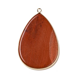 Красный Камень Натуральный красный яшма большие подвески, Подвески-капли в позолоченной латунной оправе, 54.5~55x35.5x3 мм, отверстие : 2 мм