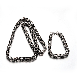 Gunmetal & Stainless Steel Color 304 Stainless Steel Necklaces and Bracelets Jewelry Sets, with Byzantine Chains and Lobster Claw Clasps, Gunmetal & Stainless Steel Color, 23.8 inch, 223mm
