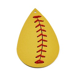 Gold Imitation Leather Pendant, Teardrop with Rugby Pattern, Gold, 69x46x2.5mm, Hole: 2mm