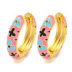 Ярко-Розовый Латунные серьги обруча, с цветочной эмалью, без кадмия и без свинца, долговечный, реальный 18 k позолоченный, ярко-розовый, 19x4.5 мм