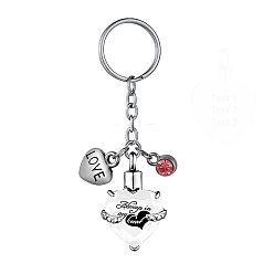 White Stainless Steel Keychain, with Urn Ashes and Wing Pendant, White, Pendant: 2.5x2.1cm